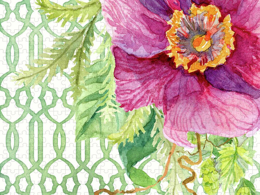 Watercolor On Paper Jigsaw Puzzle featuring the painting Secret Garden 1 - Single Peony Fern Hops and Trellis by Audrey Jeanne Roberts