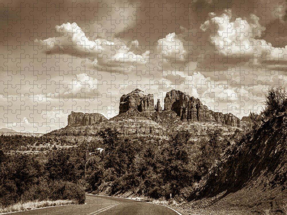 America Jigsaw Puzzle featuring the photograph Sedona Arizona Sepia Landscape - Cathedral Rock by Gregory Ballos