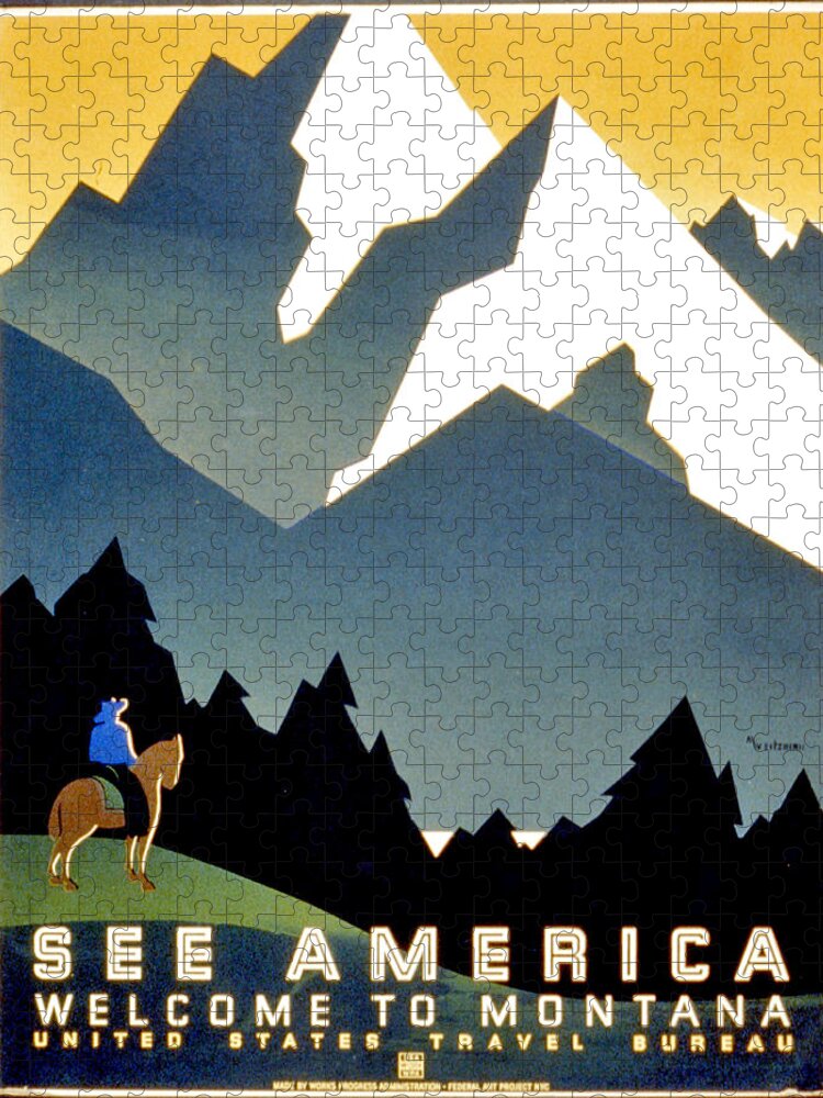 See America Jigsaw Puzzle featuring the painting See America, welcome to Montana, travel poster by Long Shot