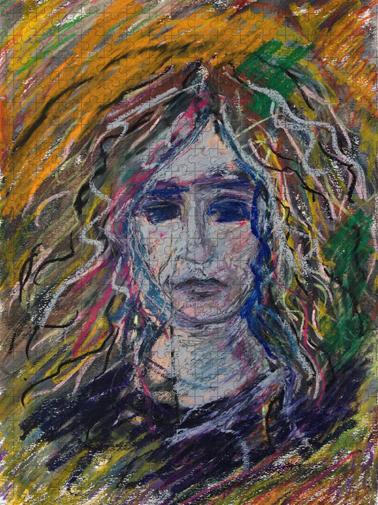 Katt Yanda Self-portrait Original Art Oil Paste Chalk Drawing Paper Jigsaw Puzzle featuring the pastel Self Portrait by Katt Yanda