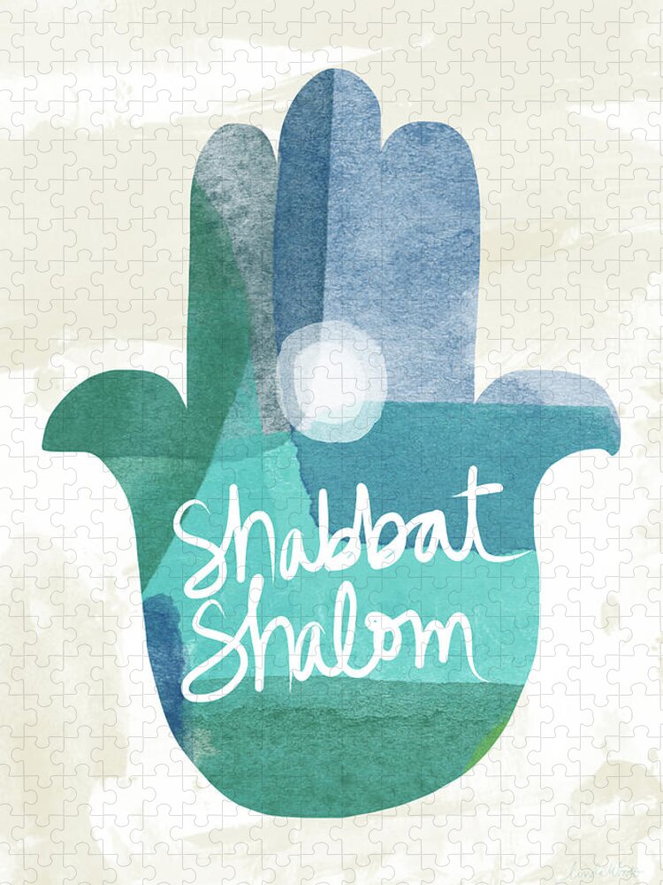 Shabbat Shalom Jigsaw Puzzle featuring the painting Shabbat Shalom Hamsa- Art by Linda Woods by Linda Woods