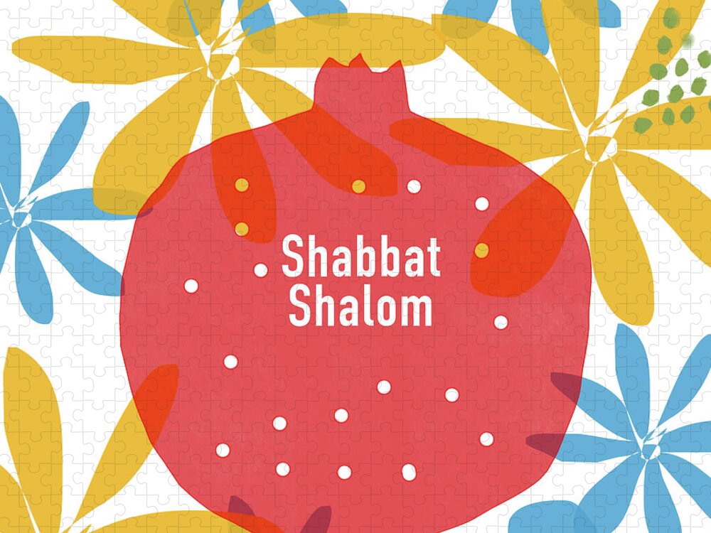 Shabbat Shalom Jigsaw Puzzle featuring the mixed media Shabbat Shalom Pomegranate- Art by Linda Woods by Linda Woods