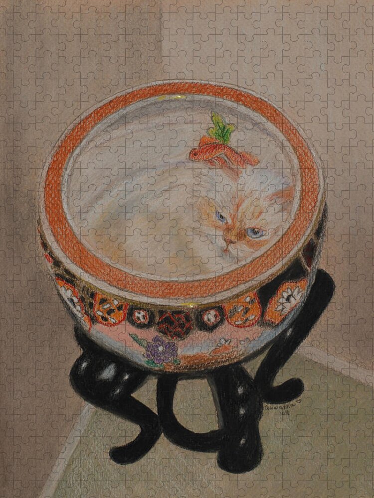 Cat Jigsaw Puzzle featuring the drawing Shakespeare in a Chinese Fishbowl by Quwatha Valentine