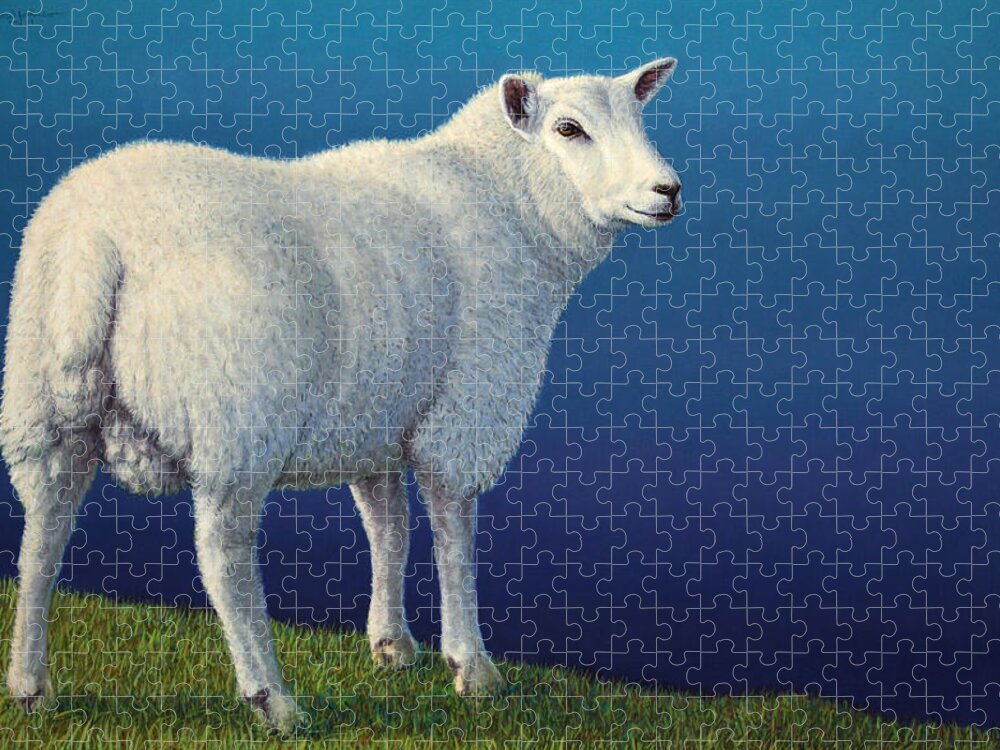 Sheep Jigsaw Puzzle featuring the painting Sheep at the edge by James W Johnson