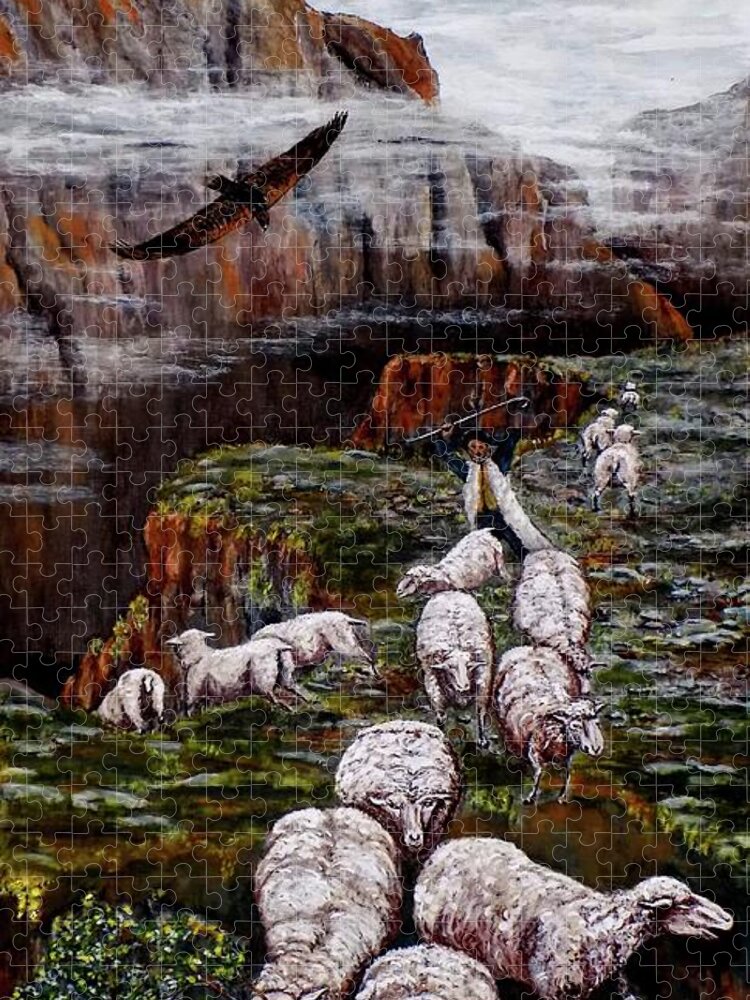 Sheep Jigsaw Puzzle featuring the painting Sheep in the Mountains by Judy Kirouac