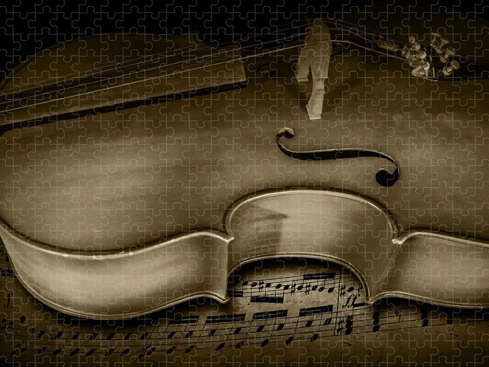 Cello Jigsaw Puzzle featuring the photograph Sheet Music with Cello Stringed Instrument in Sepia by Randall Nyhof