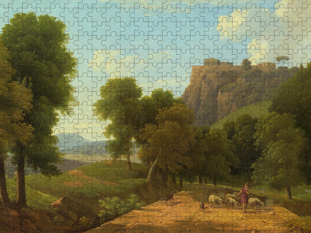 Jean-victor Bertin Jigsaw Puzzle featuring the painting Shepherd With His Flock #1 by Jean-Victor Bertin