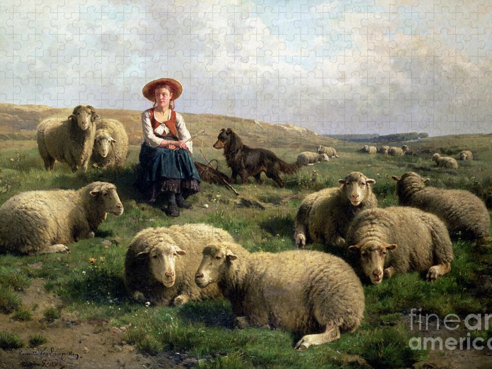 Shepherdess With Sheep In A Landscape By C. Leemputten (1841-1902) And Gerard Jigsaw Puzzle featuring the painting Shepherdess with Sheep in a Landscape by C Leemputten and T Gerard