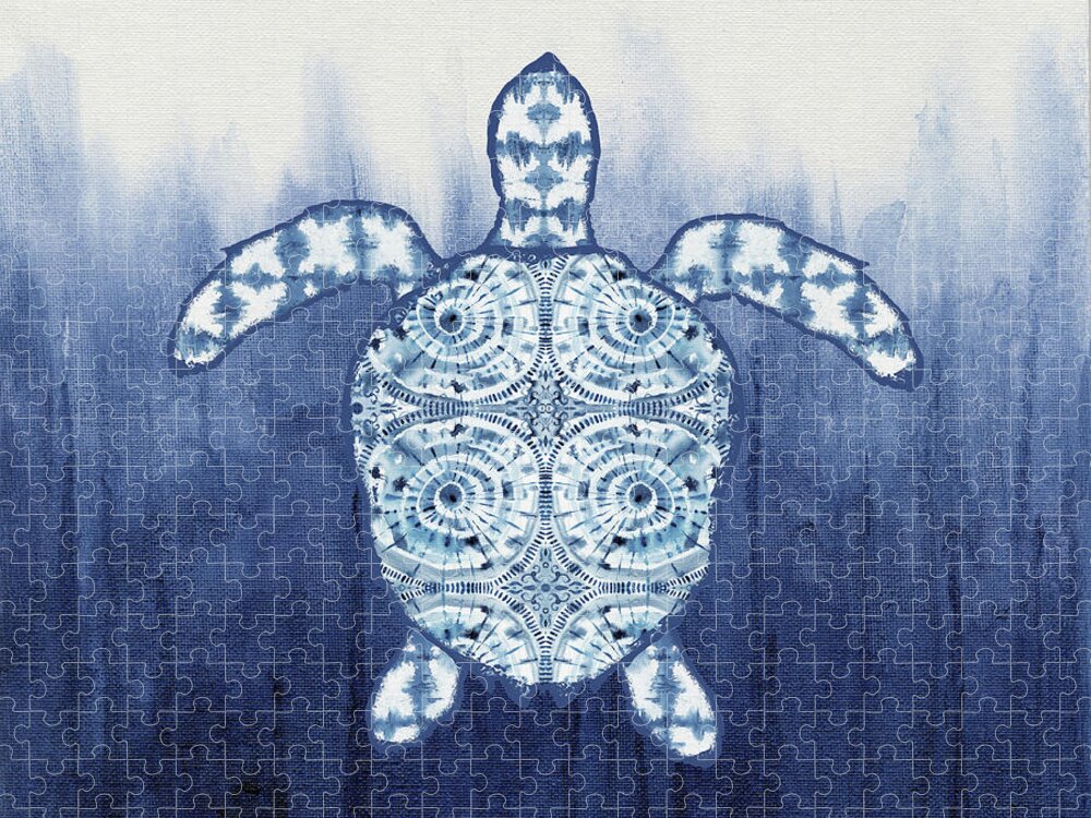 Shibori Jigsaw Puzzle featuring the painting Shibori Blue 1 - Patterned Sea Turtle over Indigo Ombre Wash by Audrey Jeanne Roberts