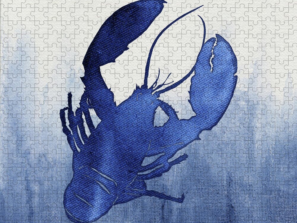 Lobster Jigsaw Puzzle featuring the painting Shibori Blue 3 - Lobster over Indigo Ombre Wash by Audrey Jeanne Roberts