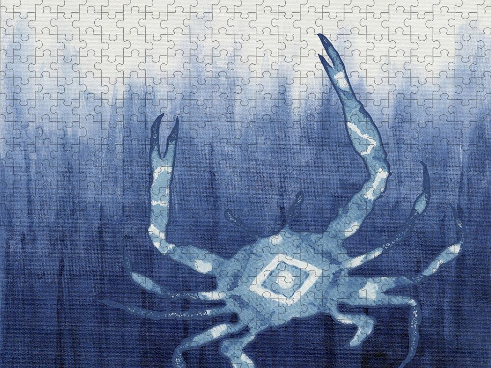 Blue Crab Jigsaw Puzzle featuring the painting Shibori Blue 4 - Patterned Blue Crab over Indigo Ombre Wash by Audrey Jeanne Roberts