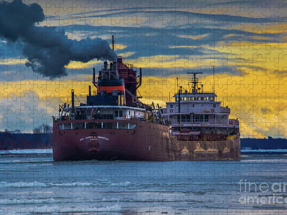 Ship Jigsaw Puzzle featuring the photograph Ship Hon. James L. Oberstar Winter Sunrise -6878 Great Lake Freighters by Norris Seward