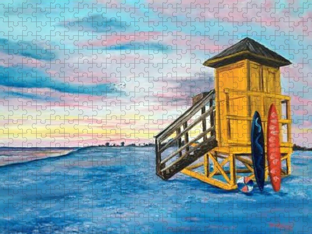 Siesta Key Jigsaw Puzzle featuring the painting Siesta Key Life Guard Shack At Sunset by Lloyd Dobson