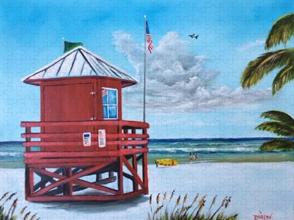 Lifeguard Shack Jigsaw Puzzle featuring the painting Siesta Key Red Lifeguard Shack by Lloyd Dobson