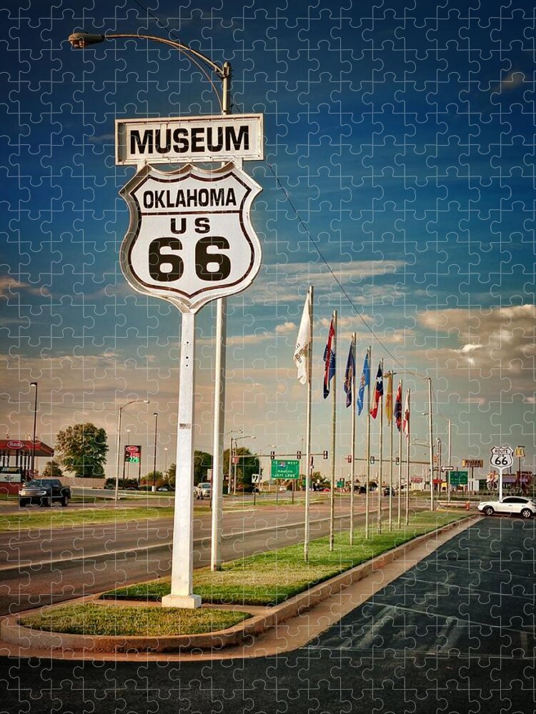 Route 66 Jigsaw Puzzle featuring the photograph Sign and Flags at Oklahoma Route 66 Museum by Buck Buchanan