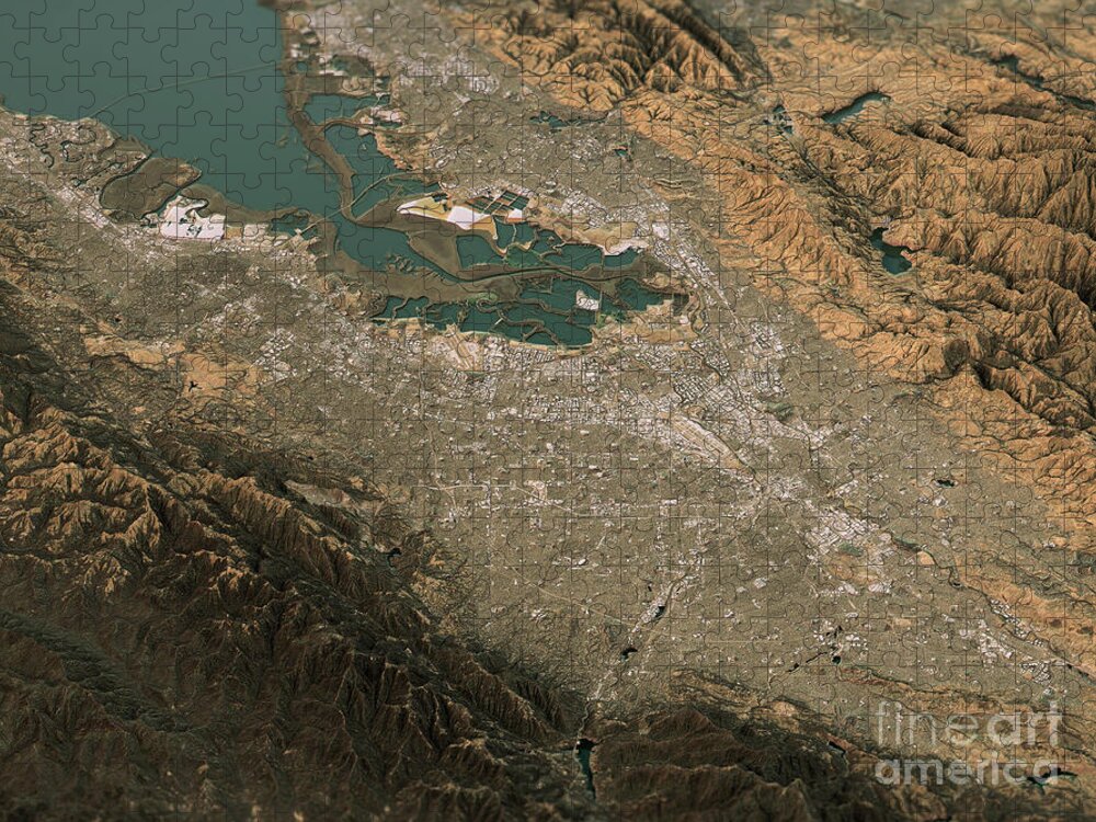 Silicon Valley Jigsaw Puzzle featuring the digital art Silicon Valley Topographic Map 3D Landscape View Natural Color by Frank Ramspott