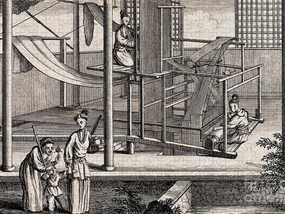 Sericulture Jigsaw Puzzle featuring the photograph Silk Manufacture In China, Engraving by Wellcome Images