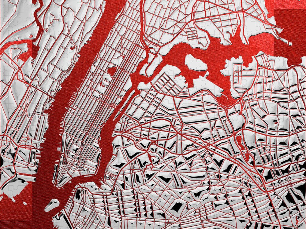 'nyc ' Collection By Serge Averbukh Jigsaw Puzzle featuring the digital art Silver Cities - Silver City Map New York on Red by Serge Averbukh