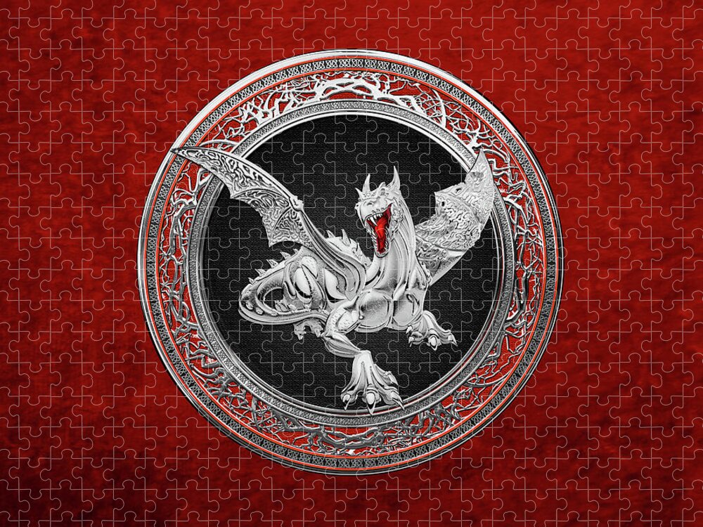 'the Great Dragon Spirits' Collection By Serge Averbukh Jigsaw Puzzle featuring the digital art Silver Guardian Dragon over Red Velvet by Serge Averbukh
