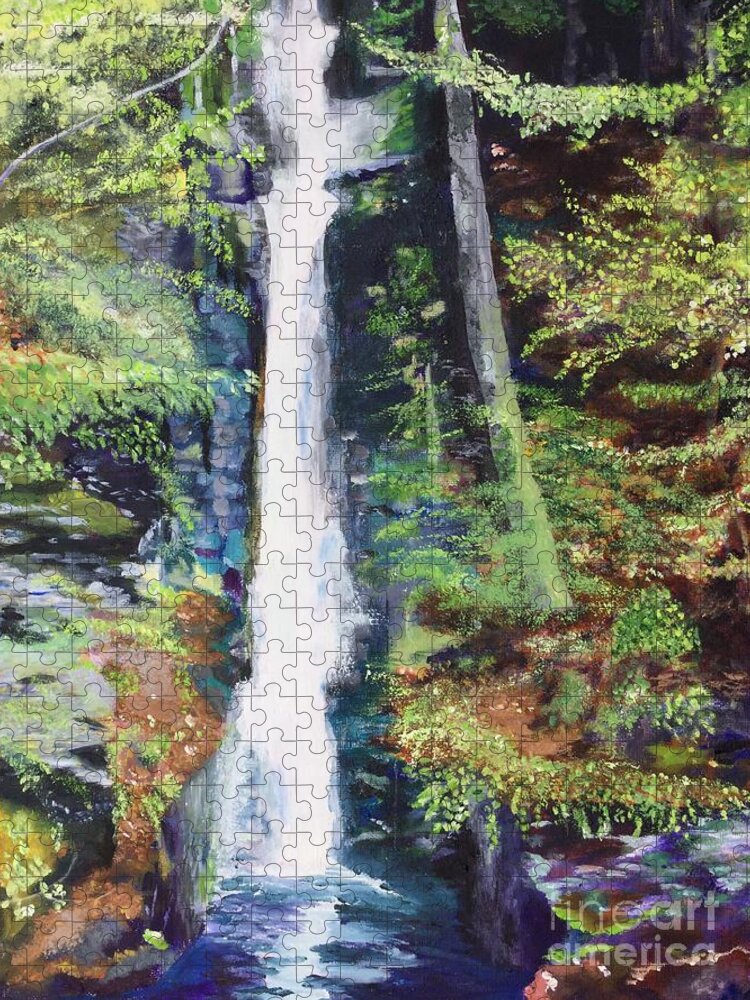 Nature Jigsaw Puzzle featuring the painting Silver Thread Falls by Kate Conaboy