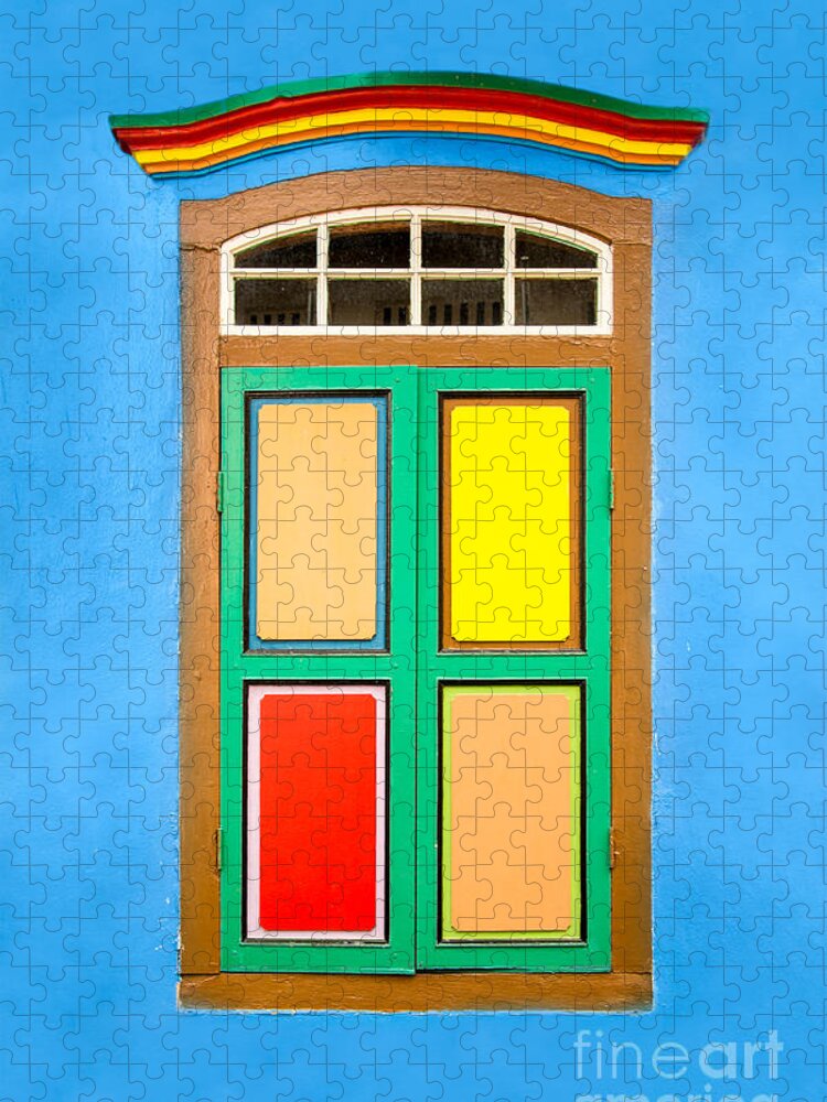 Window Jigsaw Puzzle featuring the photograph Singapore blue window by Delphimages Photo Creations