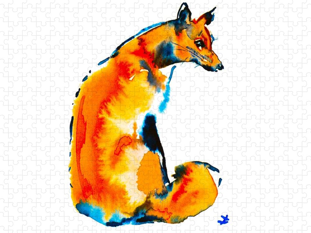 Fox Jigsaw Puzzle featuring the painting Sitting Fox by Zaira Dzhaubaeva