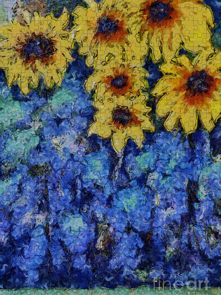 Sunflowers Jigsaw Puzzle featuring the photograph Six Sunflowers on Blue by Claire Bull