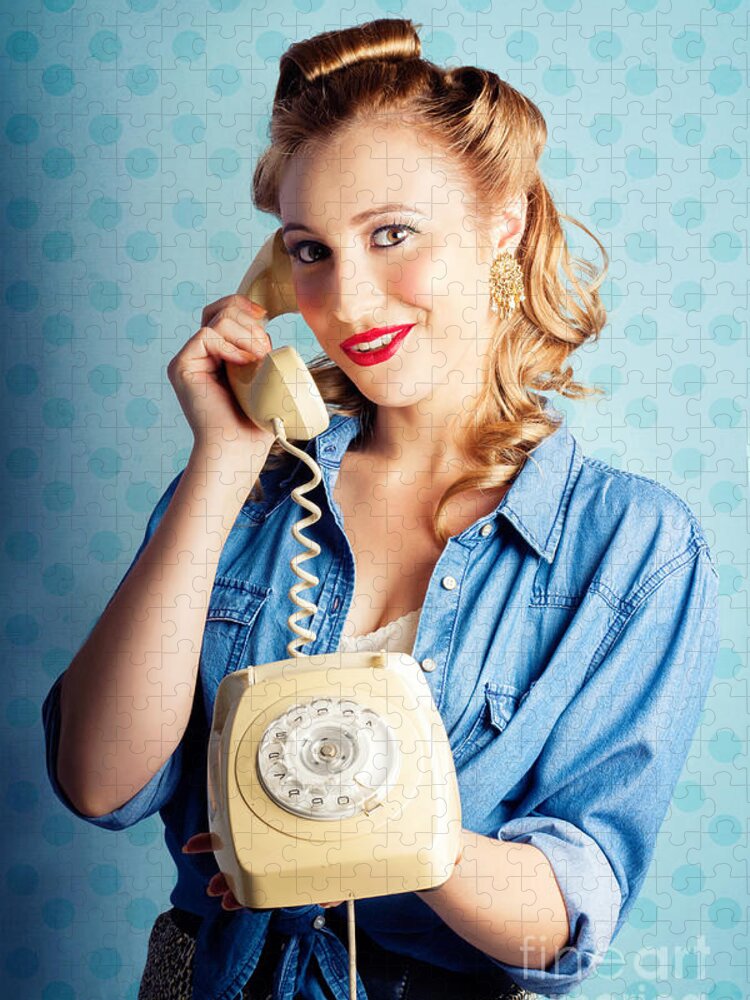 Office Jigsaw Puzzle featuring the photograph Sixties Woman Holding Vintage Telephone Handset by Jorgo Photography