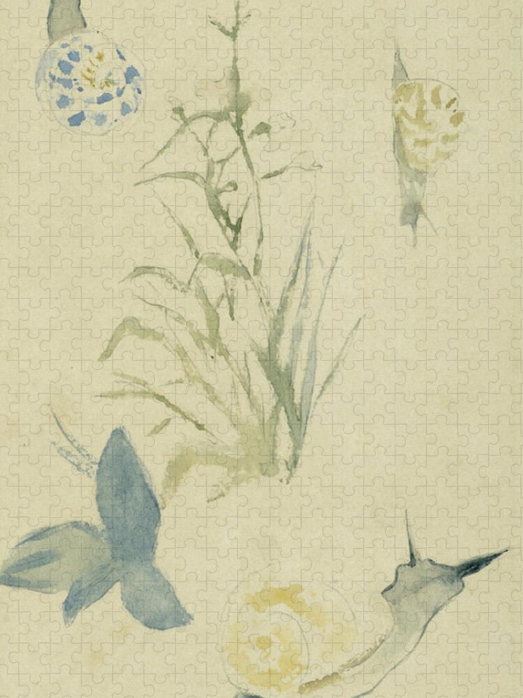 Manet Jigsaw Puzzle featuring the drawing Sketches of snails, flowering plant by Edouard Manet