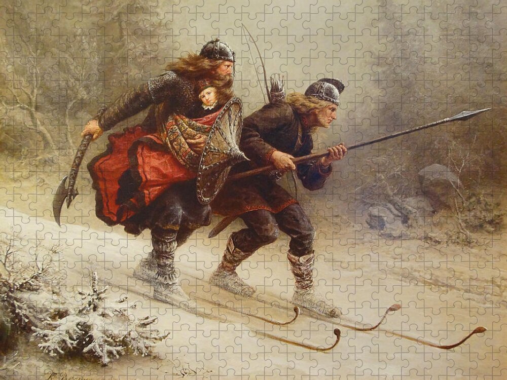 Knud Bergslien Jigsaw Puzzle featuring the painting Skiing Birchlegs Crossing the Mountain with the Royal Child by Knud Bergslien