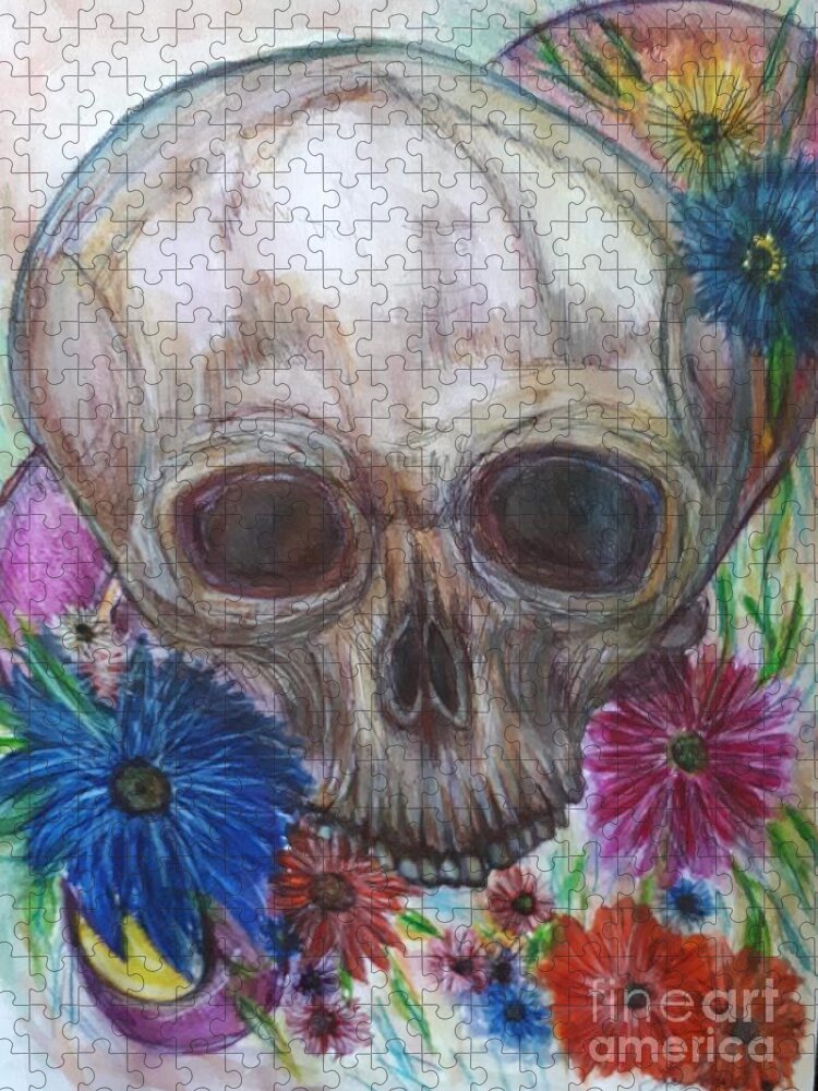 Skull Jigsaw Puzzle featuring the drawing Skull with flowers and ribbon by Lisa Koyle