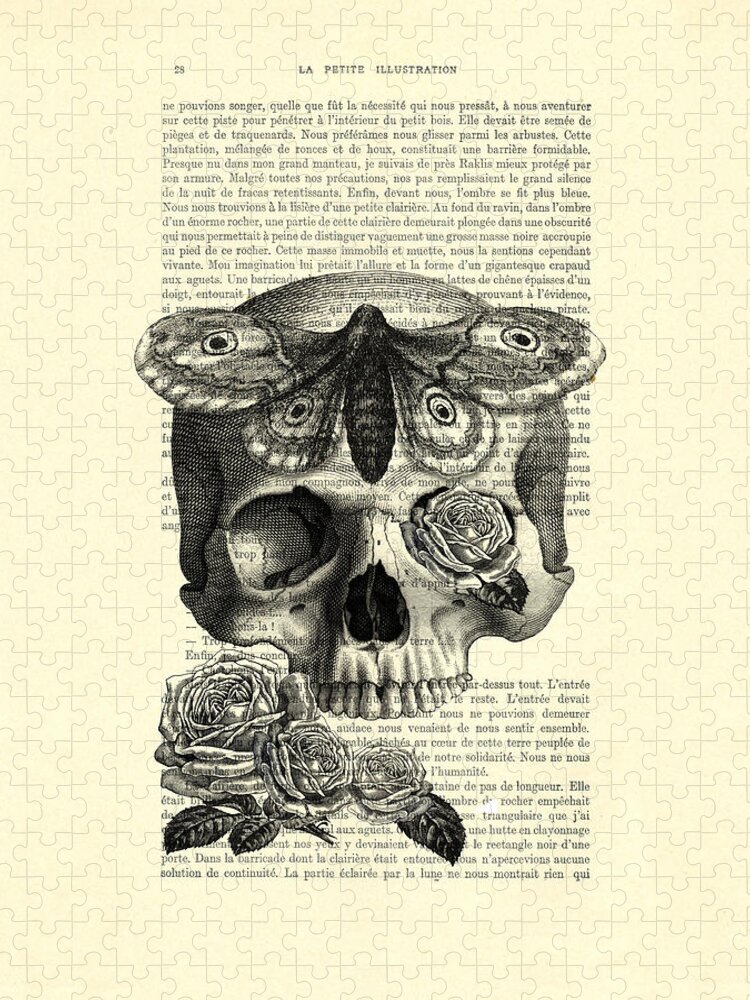 Skull Jigsaw Puzzle featuring the digital art Skull with hawkmoth black and white by Madame Memento