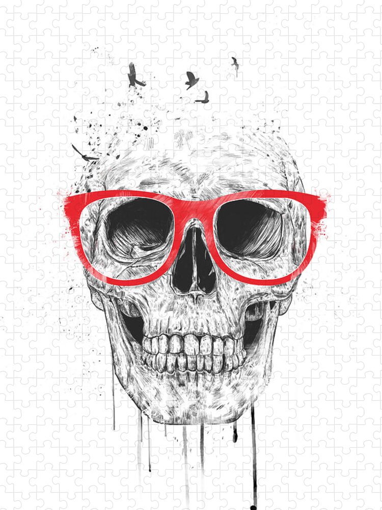 Skull Jigsaw Puzzle featuring the mixed media Skull with red glasses by Balazs Solti