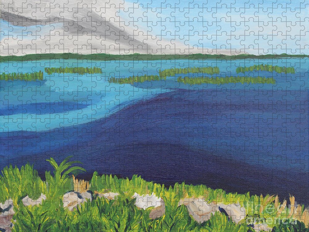 Serene Blue Lake Jigsaw Puzzle featuring the painting Serene Blue Lake by Annette M Stevenson