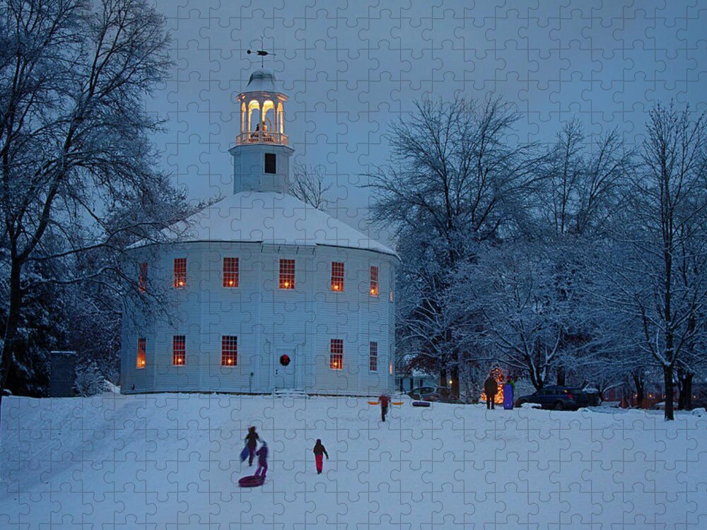 Richmond Round Church Jigsaw Puzzle featuring the photograph Sledding at the Richmond Vermont church by Jeff Folger