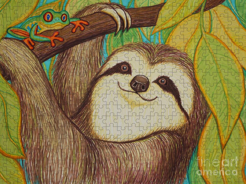 Sloth Jigsaw Puzzle featuring the drawing Sloth and Frog by Nick Gustafson