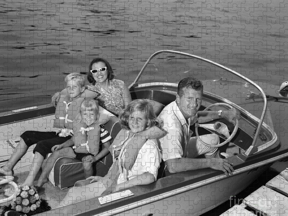 1960s Jigsaw Puzzle featuring the photograph Smiling Family In Docked Boat, C.1960s by H. Armstrong Roberts/ClassicStock