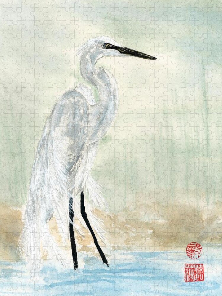 Egret Jigsaw Puzzle featuring the painting Snow Egret by Terri Harris