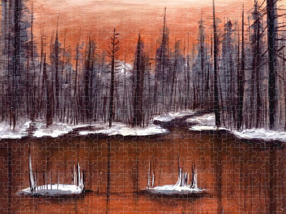 #snow #trees #water #forests #lakes #frozen #landscapes #glow #copper Jigsaw Puzzle featuring the painting Snow Glow by Allison Constantino