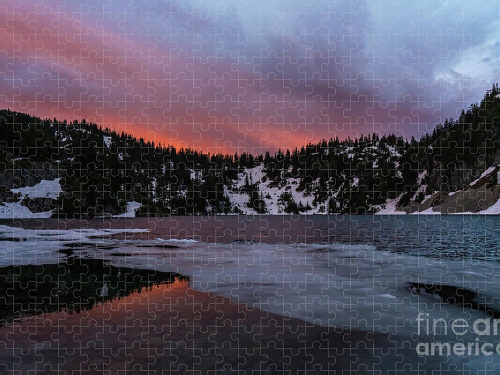 Snow Lake Jigsaw Puzzle featuring the photograph Snow Lake Icy Sunrise Fire by Mike Reid