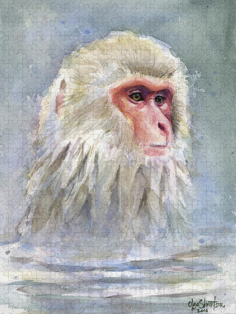 Snow Jigsaw Puzzle featuring the painting Snow Monkey Taking a Bath by Olga Shvartsur