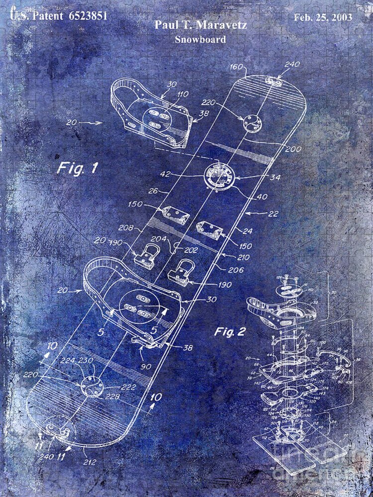 Snowboard Jigsaw Puzzle featuring the photograph Snowboard Patent Drawing Blue by Jon Neidert