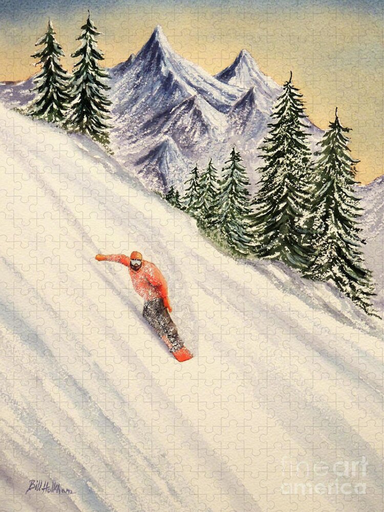 Snowboarding Jigsaw Puzzle featuring the painting Snowboarding Free And Easy by Bill Holkham