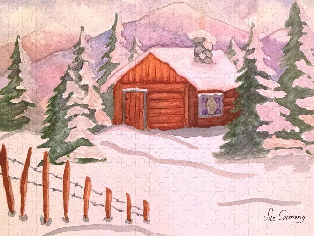 Cabin Jigsaw Puzzle featuring the painting Snowed In by Sue Carmony
