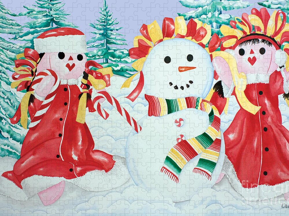 Christmas Cards Jigsaw Puzzle featuring the painting Snowgirls with Serape Scarf by Kandyce Waltensperger