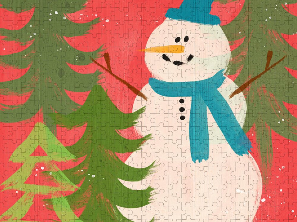 Snowman Puzzle featuring the painting Snowman in Blue Hat- Art by Linda Woods by Linda Woods