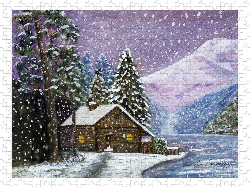 Cabin Jigsaw Puzzle featuring the painting Snowy Day in the Mountains by Sue Carmony