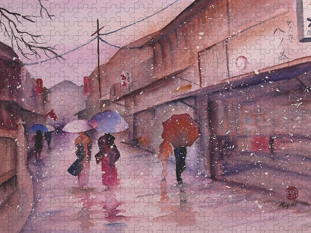 Kyoto Jigsaw Puzzle featuring the painting Snowy Kyoto Day by Kelly Miyuki Kimura