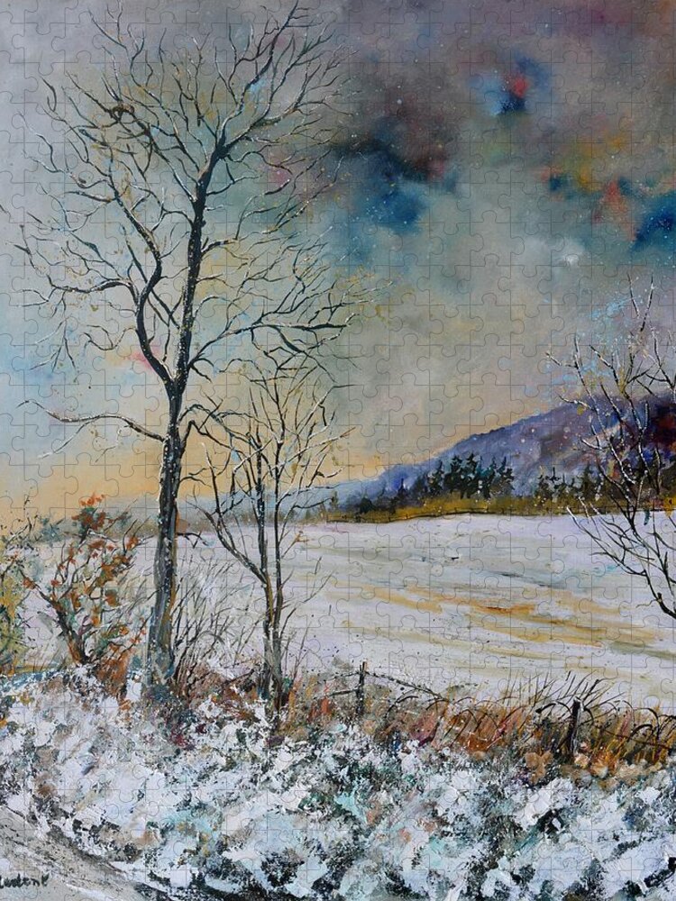 Landscape Jigsaw Puzzle featuring the painting Snowy landscape by Pol Ledent