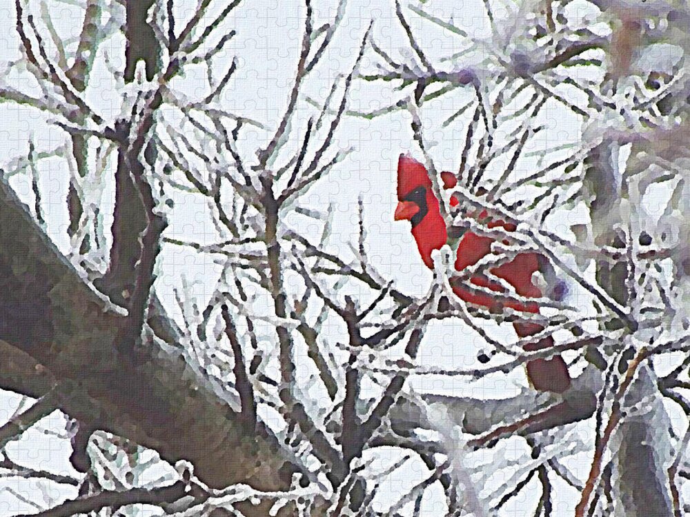 Red Bird Jigsaw Puzzle featuring the mixed media Snowy Red Bird a Cardinal in Winter by Shelli Fitzpatrick